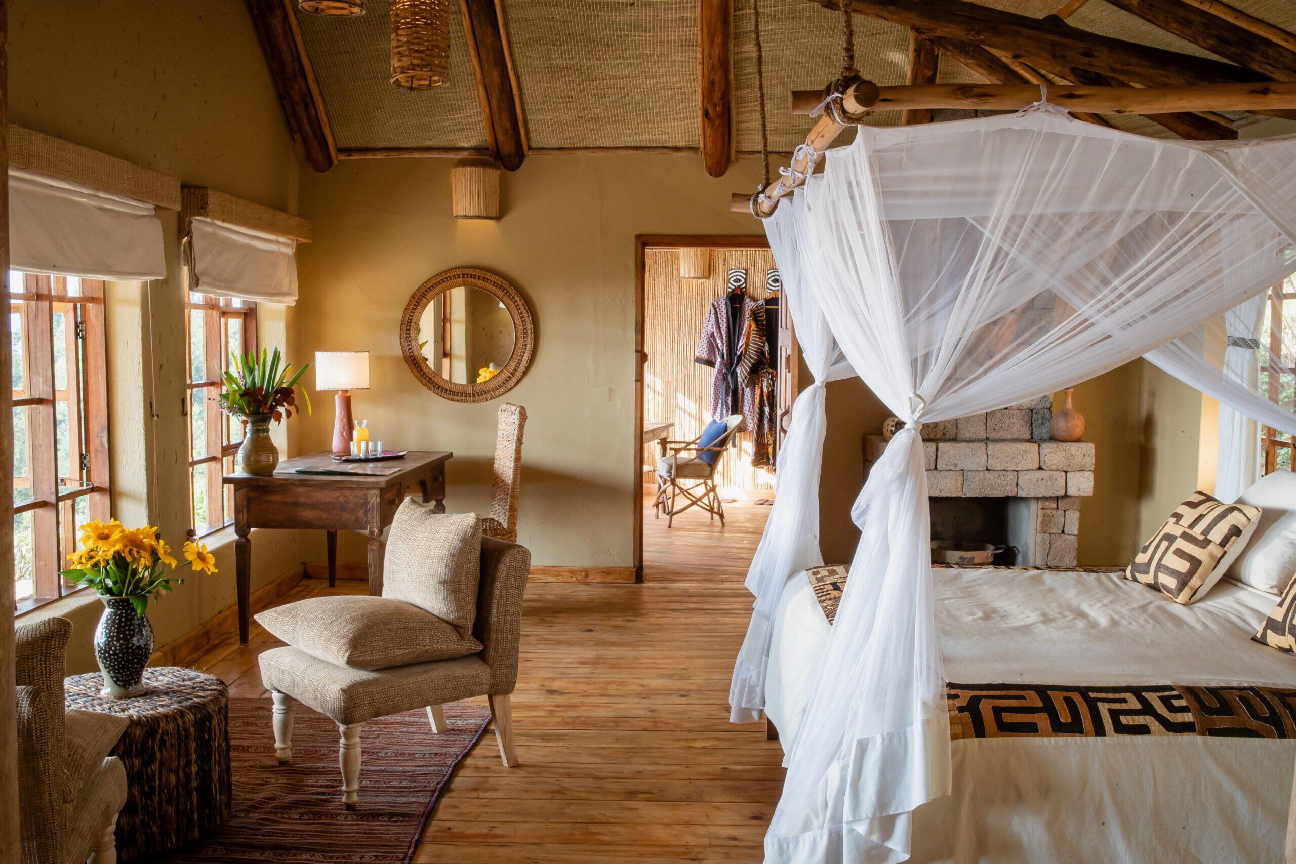 A bedroom at Virunga Lodge in Rwanda