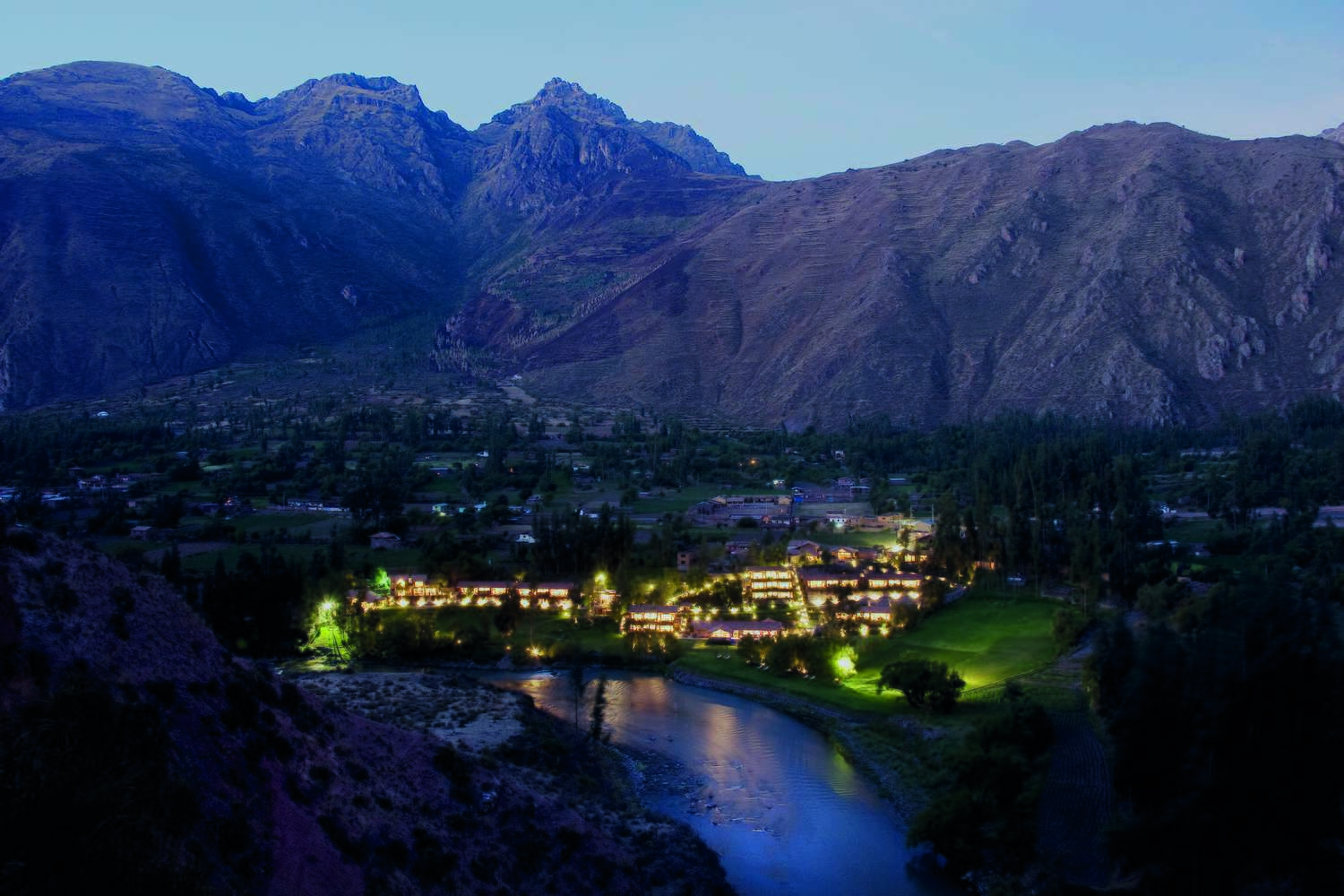 Night time exterior of Belmond Hotel Rio Sagrado, Peru