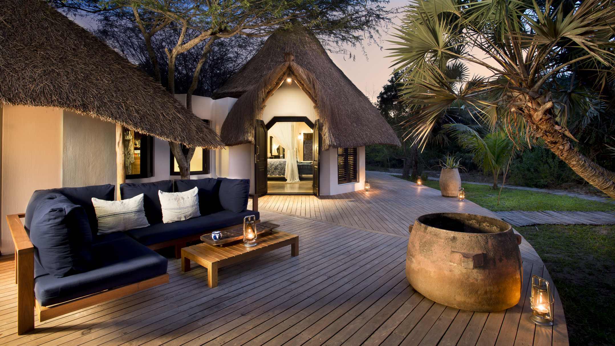 The outside lounge of a casita or villa at andBeyond Benguerra Island.