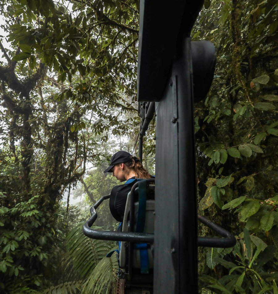 A person riding Mashpi Lodge's aerial tram.