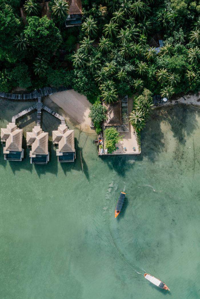 Aerial view of thatched-roof villas over green water next to a dense tropical forest with palm trees.