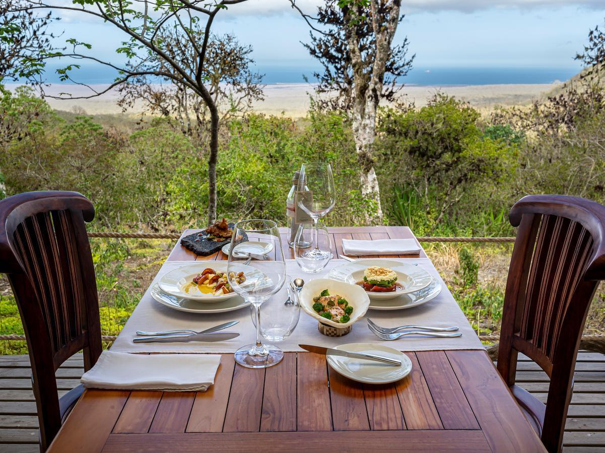 A wooden dining table set for two with gourmet food and wine glasses overlooking a scenic landscape and ocean view.