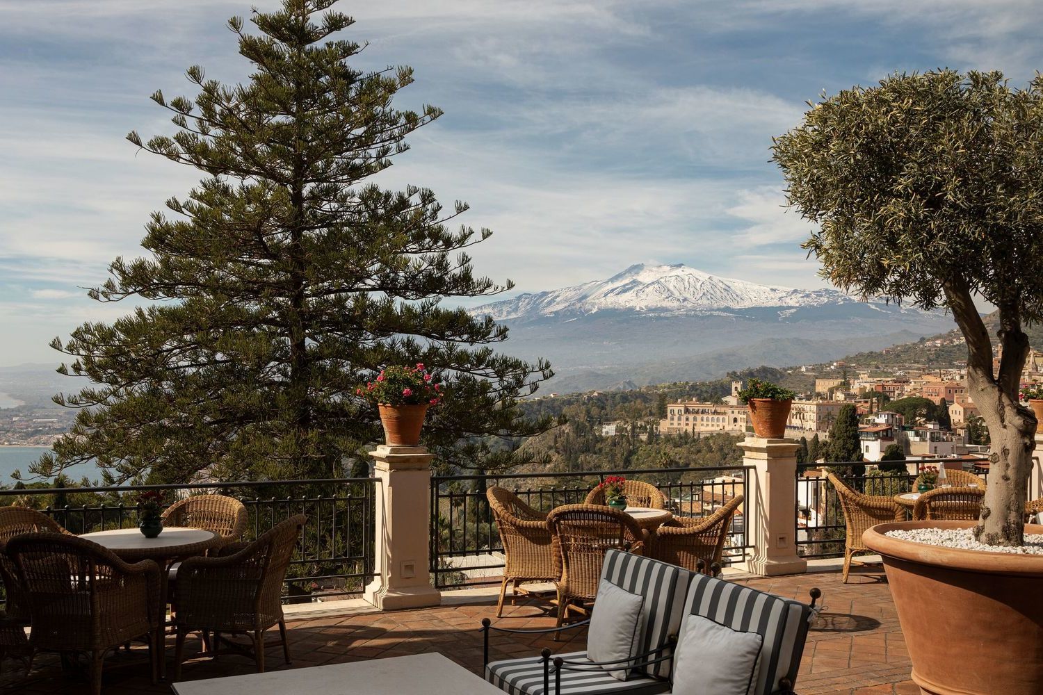 Views of Mount Etna from the terrace at Belmond Grand Hotel Timeo