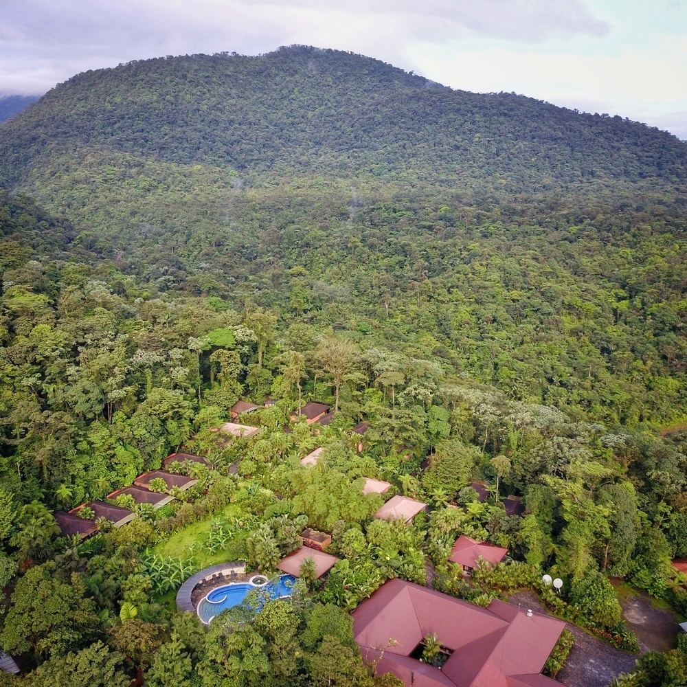 Aerial view of the forest surrounding Hotel Rio Celeste in Costa Rica