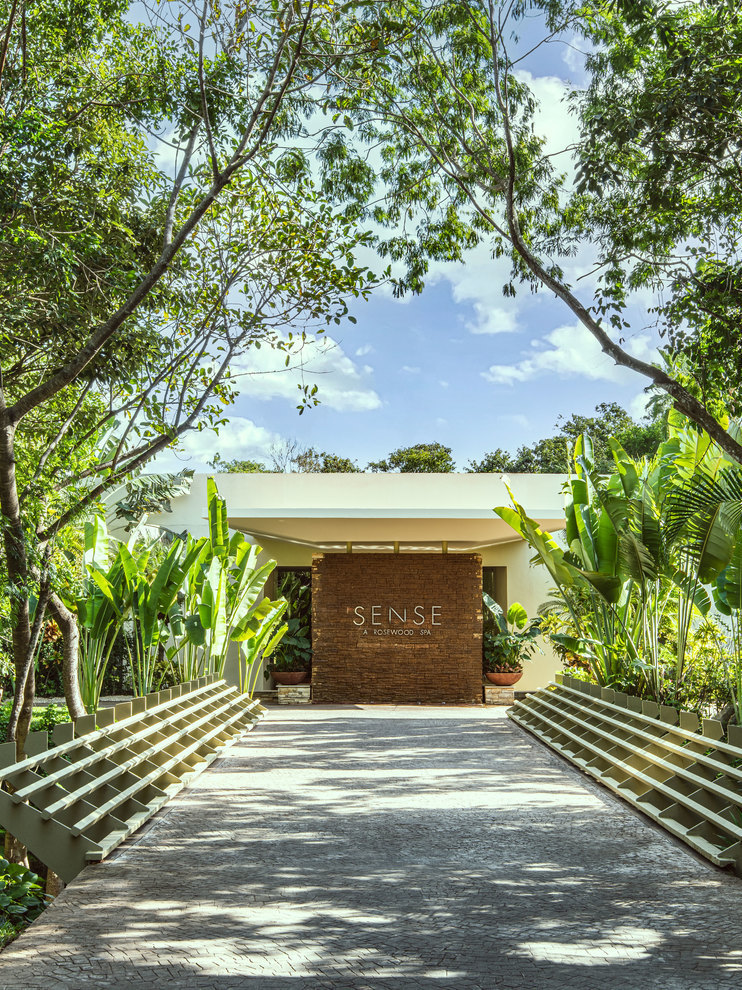 The entrance of Rosewood Mayakoba's spa, set on its on island in the middle of a lagoon.