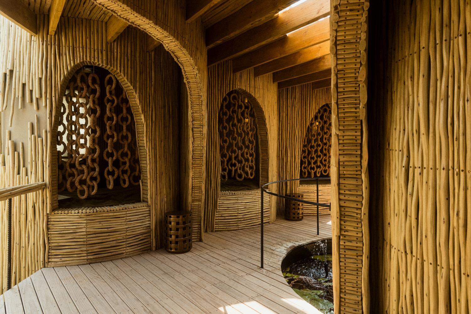 Arched spaces within the curved interior of The Sanctuary spa at Wilderness Mombo