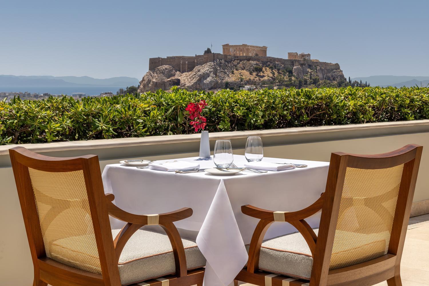 Dinner table with views of the Acropolis at Hotel Grande Bretagne