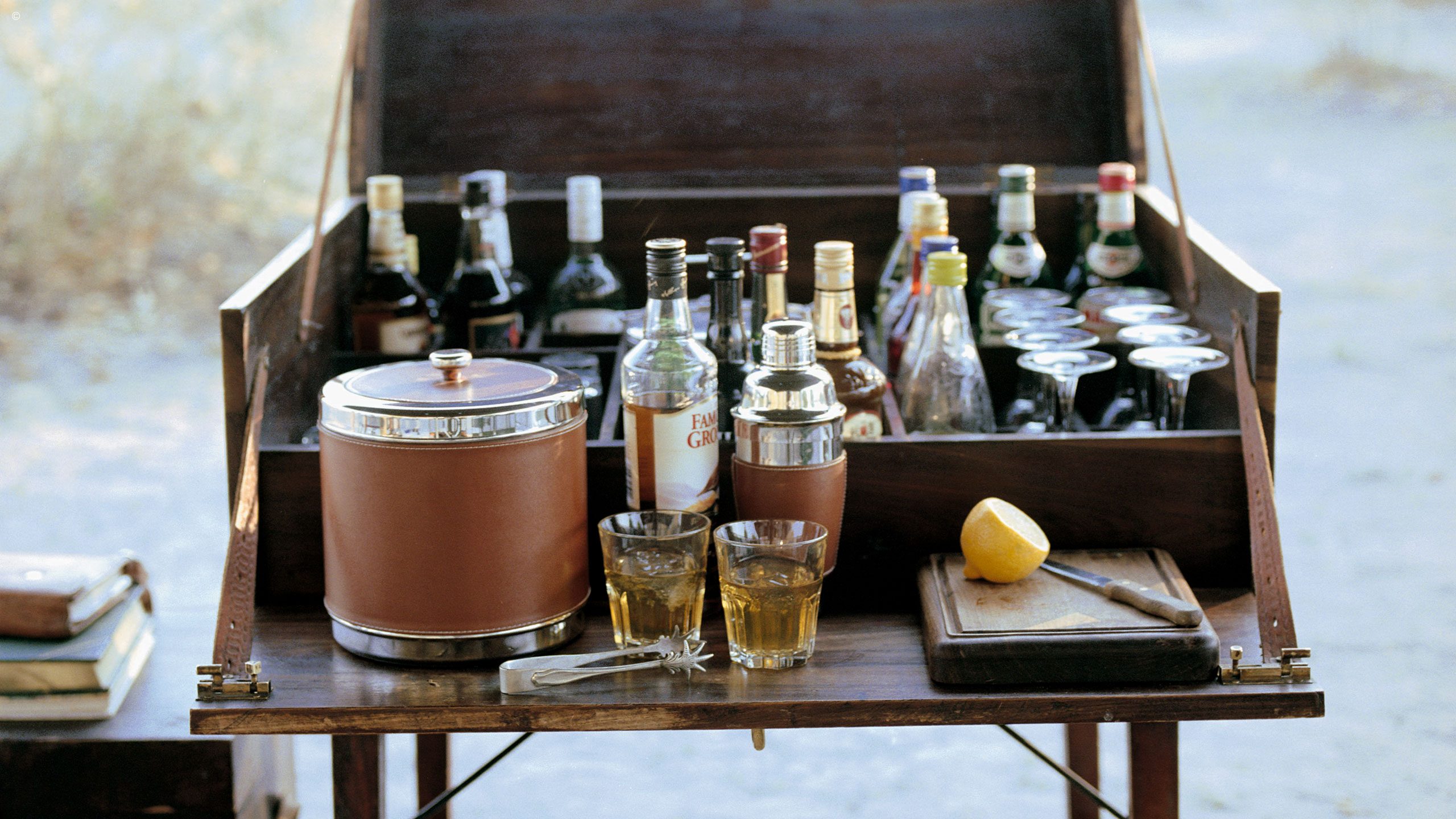 Drinks cabinet, Okavanga Delta Mobile Camp, Botswana, Africa
