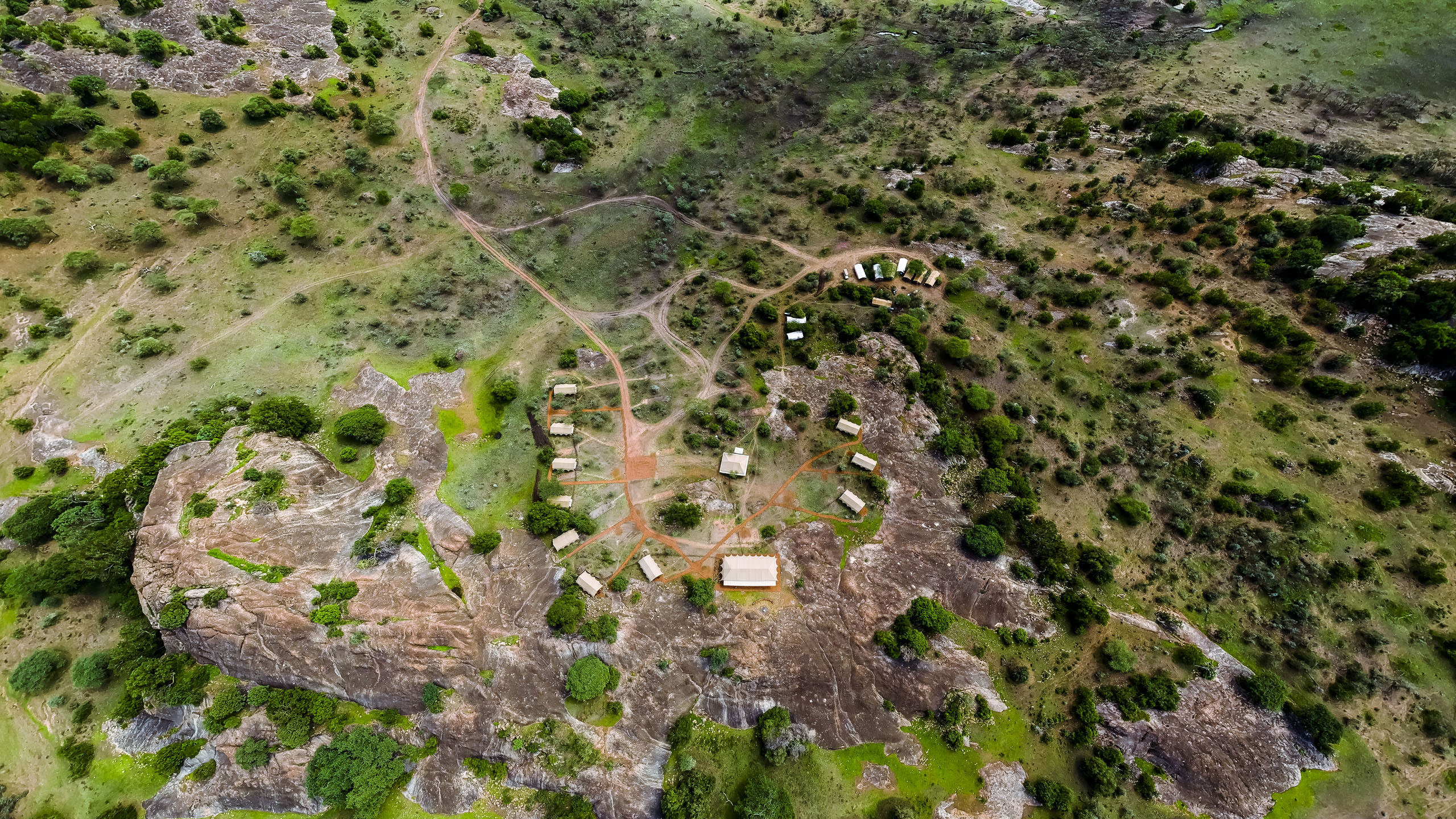Aerial view of safari camp in the Serengeti