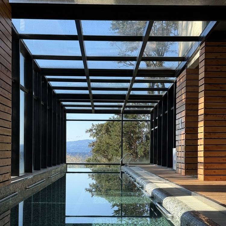 Hotel AWA's indoor swimming pool overlooking the lake.