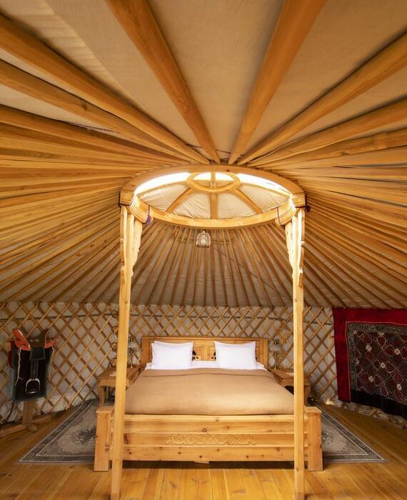 A bedroom at Three Camel Lodge in the Gobi Desert, Mongolia