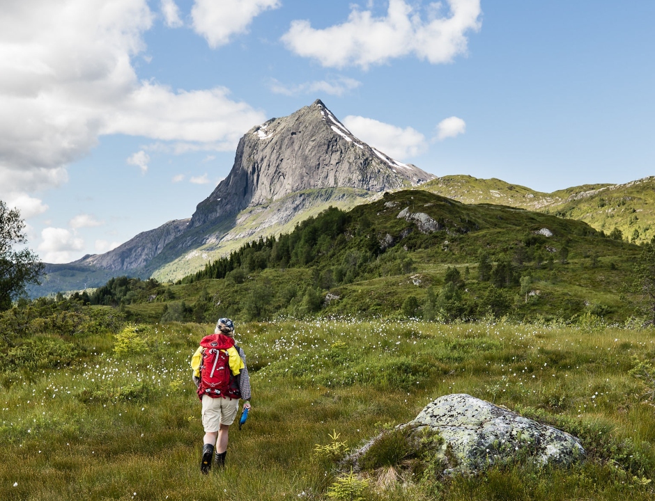 A person hiking in the Norwegian Fjords.