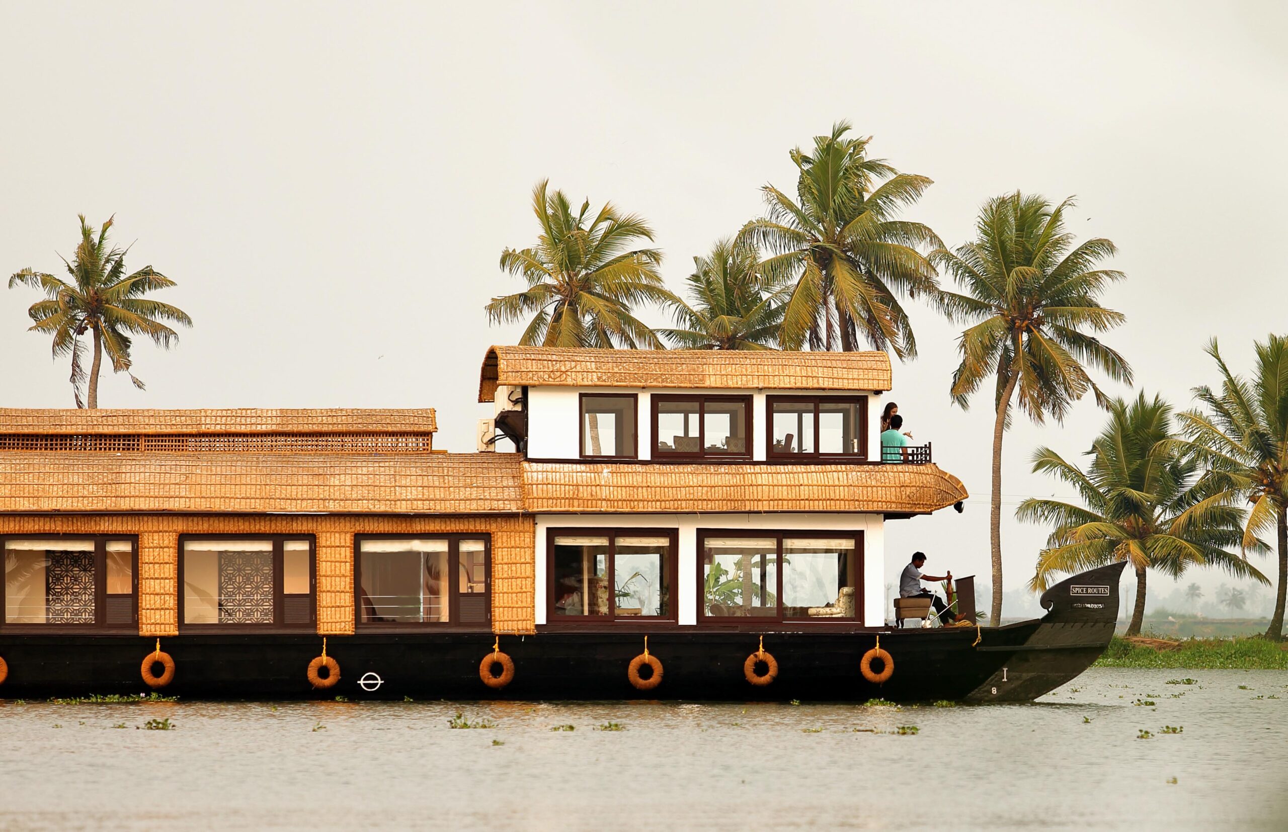Houseboat with thatched roof floating on water, surrounded by palm trees.