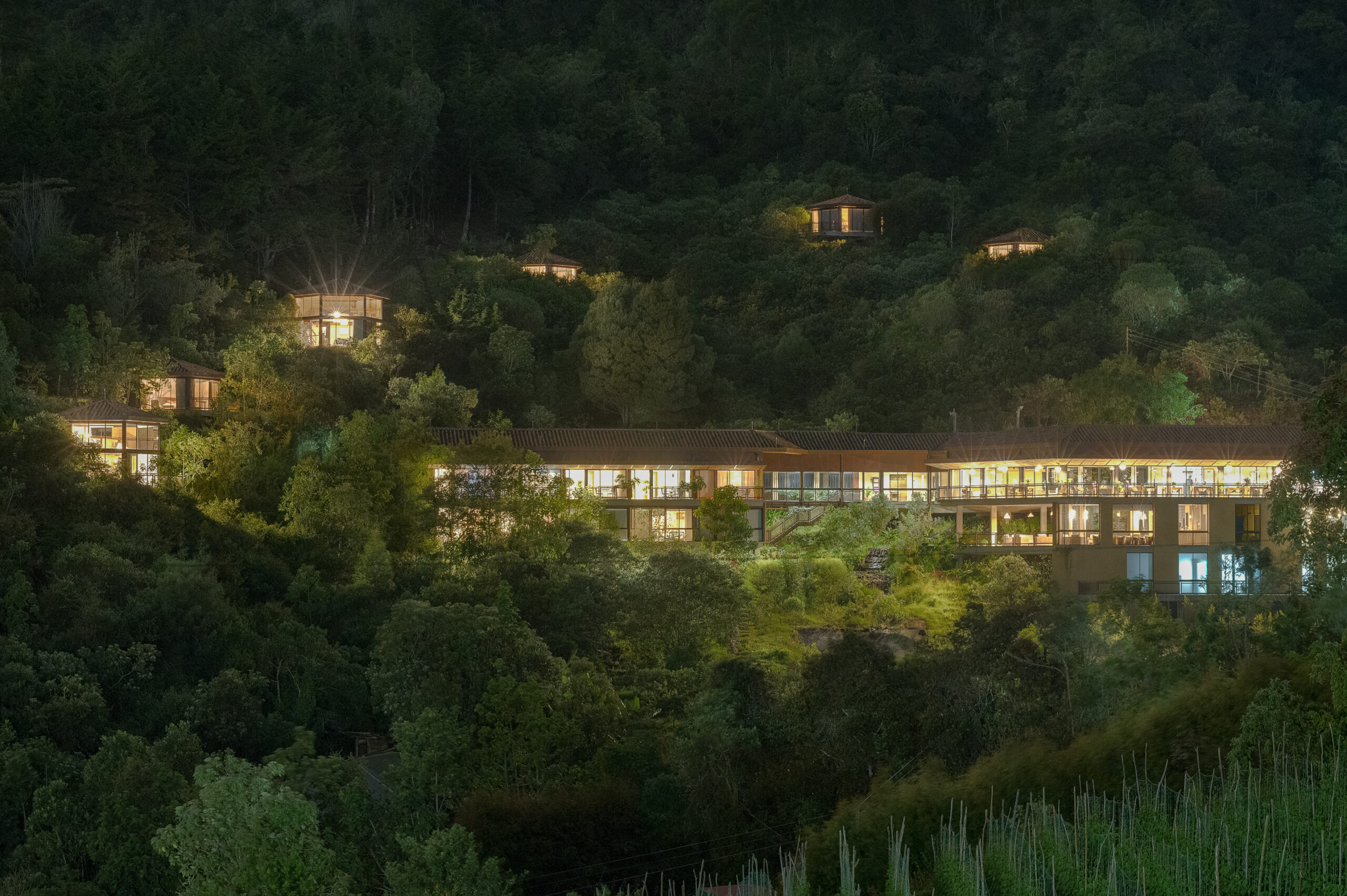 Illuminated buildings nestled in a lush green hillside at night.