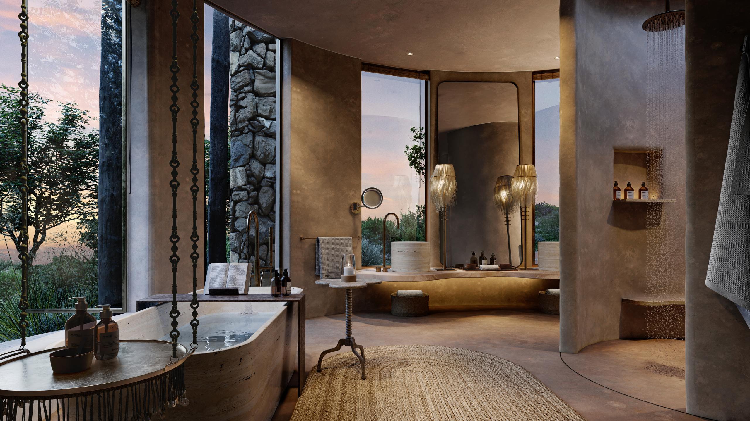 Luxurious bathroom interior with a stone bathtub, open shower, and nature view at dusk.
