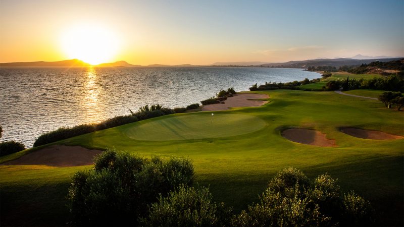 A golf course near Mandarin Oriental Costa Navarino overlooking the Ionian Sea.