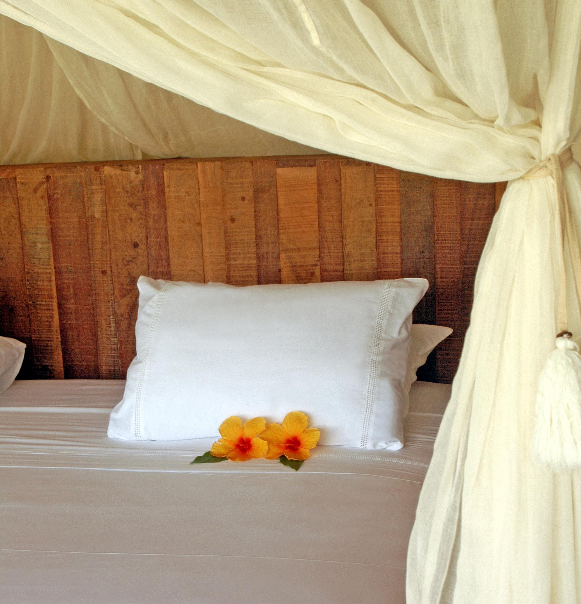 A cozy bed with a white pillow and vibrant orange flowers nestled on smooth sheets, framed by flowing white drapes and a wooden headboard.