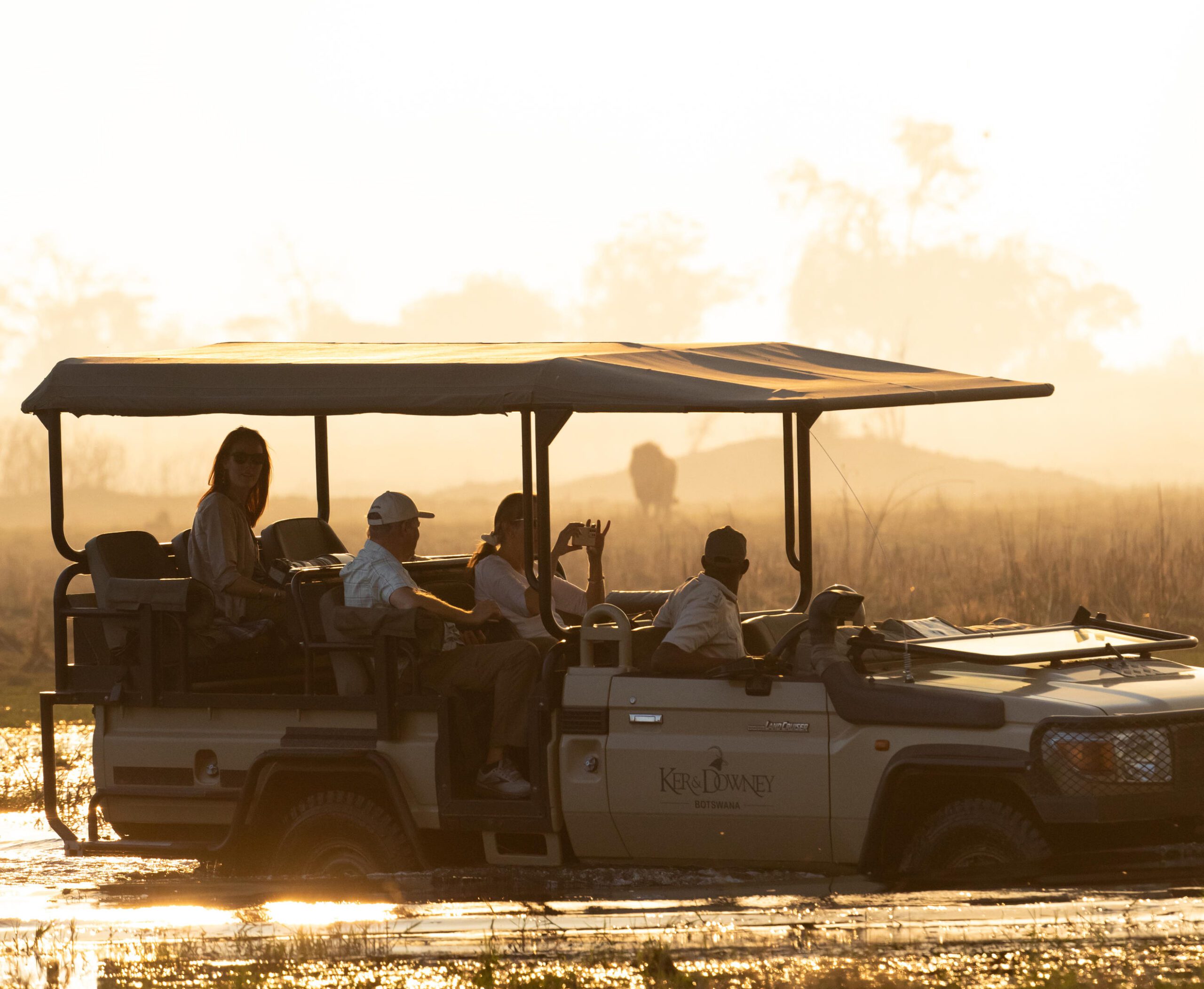 People on a game drive sat in a vehicle, looking onto a lion in the distance.