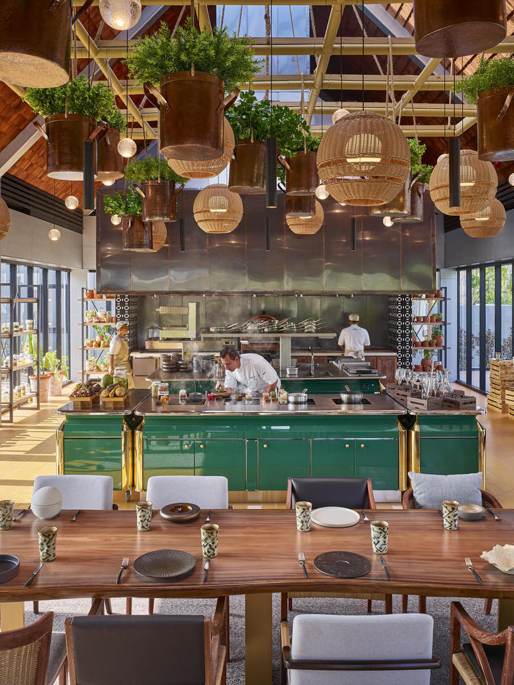 The interior of Moulin restaurant at Waldorf Astoria Seychelles Platte Island.