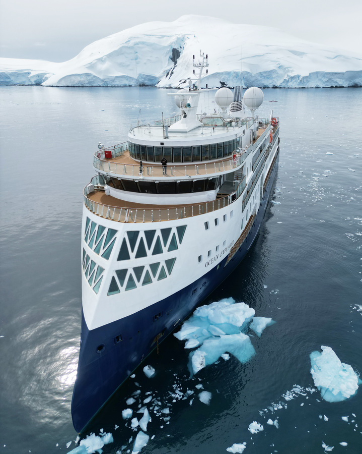 An aerial view of Ocean Explorer from the front.