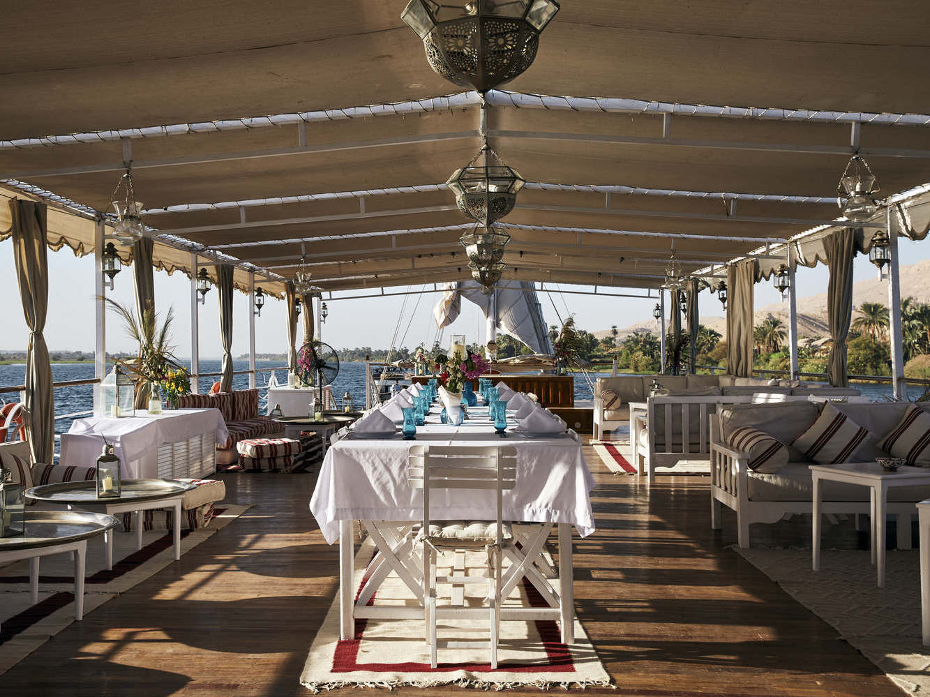 The upper sundeck of the Lotus dahabiya from Lazuli.