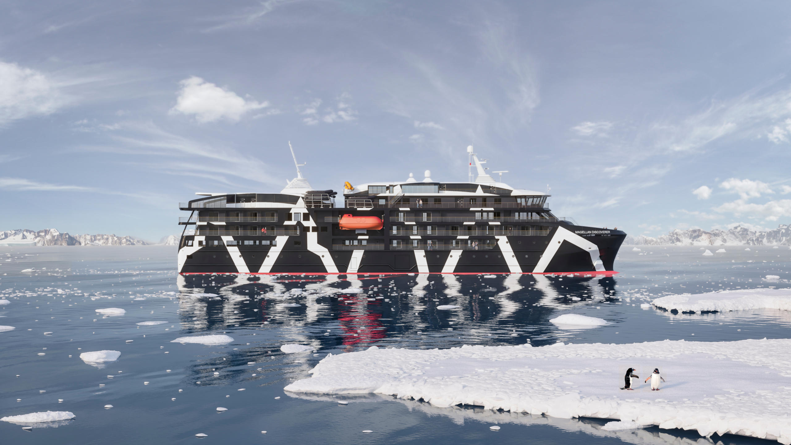 A cruise ship painted black and white sailing through icy water, with a small iceberg and penguins in the foreground.