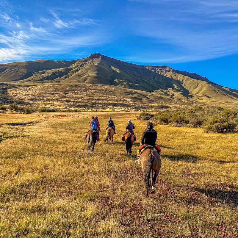 A group of people horse-riding across a field in Patagonia