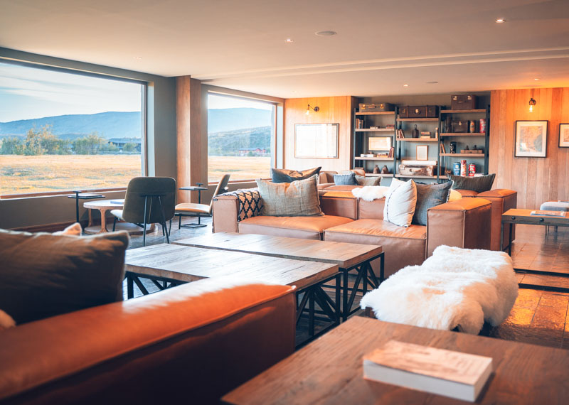 Interior shot of the lounge area at Kau Rio Serrano lodge in Chile
