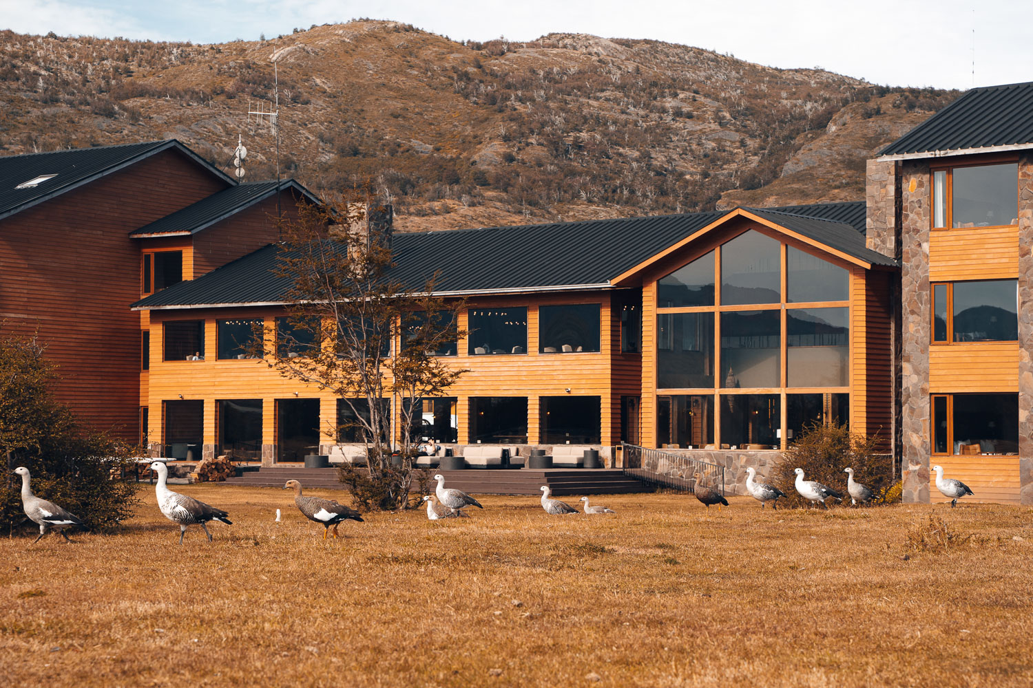 Exterior shot of Kau Rio Serrano lodge which is constructed of timber with large glass windows.