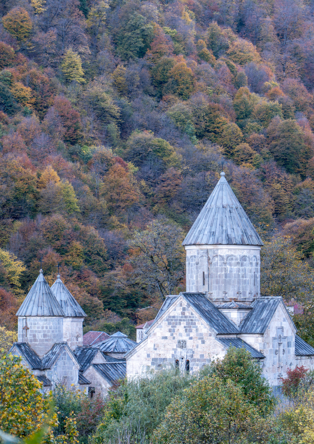 Exterior view of Haghartsin Monastery in a Tree-Covered Landscape. A series of stone buildings with pitched roofs and several round towers with conical pointed roofs.