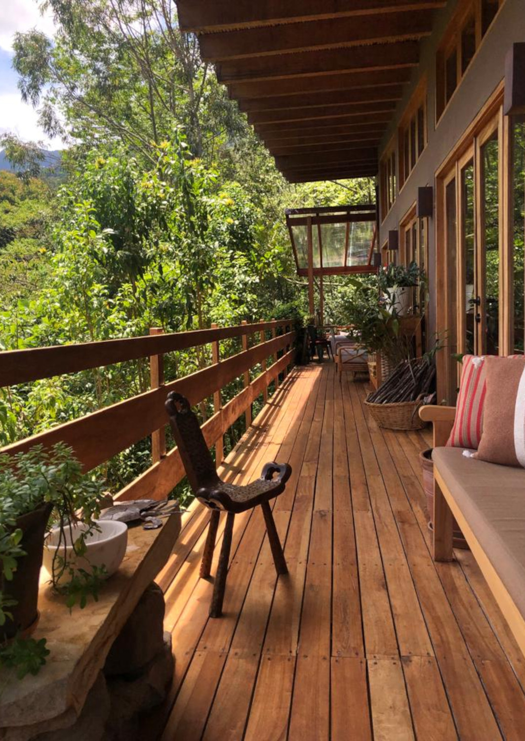 Exterior shot of a terrace balcony made of wood decking with potted plants and benches overlooking green forest.