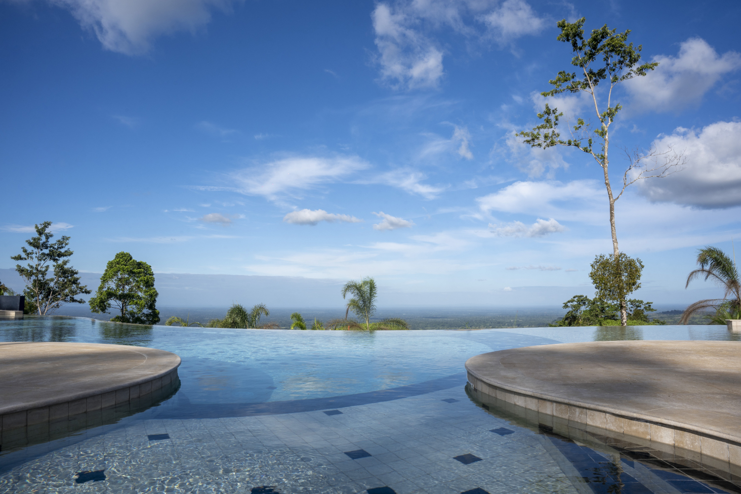 Looking out over an infinity pool from shallow towards deep end and to some trees and a wide forest canopy beyond.
