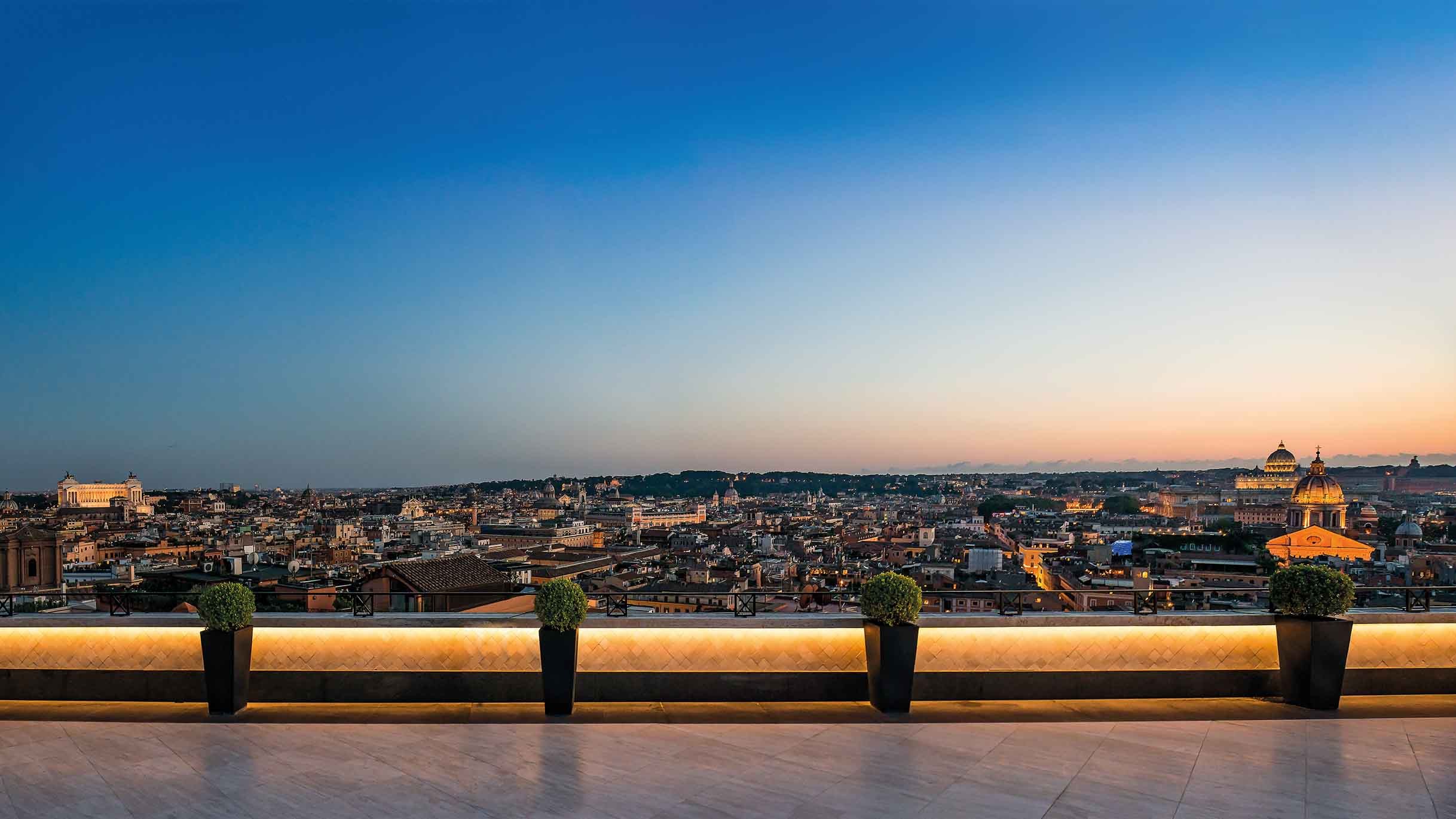 The seventh floor terrace at Hotel Hassler Roma has panoramic views across the city, and is the perfect spot for sundowners.