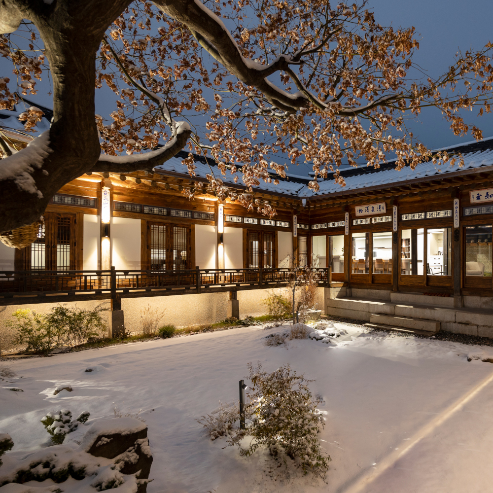 A traditional Korean hanok house on a snowy evening with a tree in the centre and big windows showing a few lights inside.