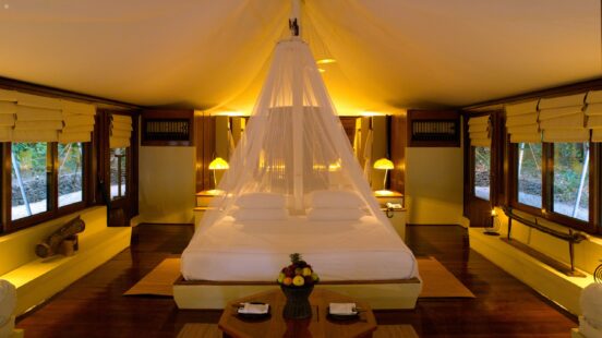 Bedroom interior, Amanwana, Moyo Island, Indonesia