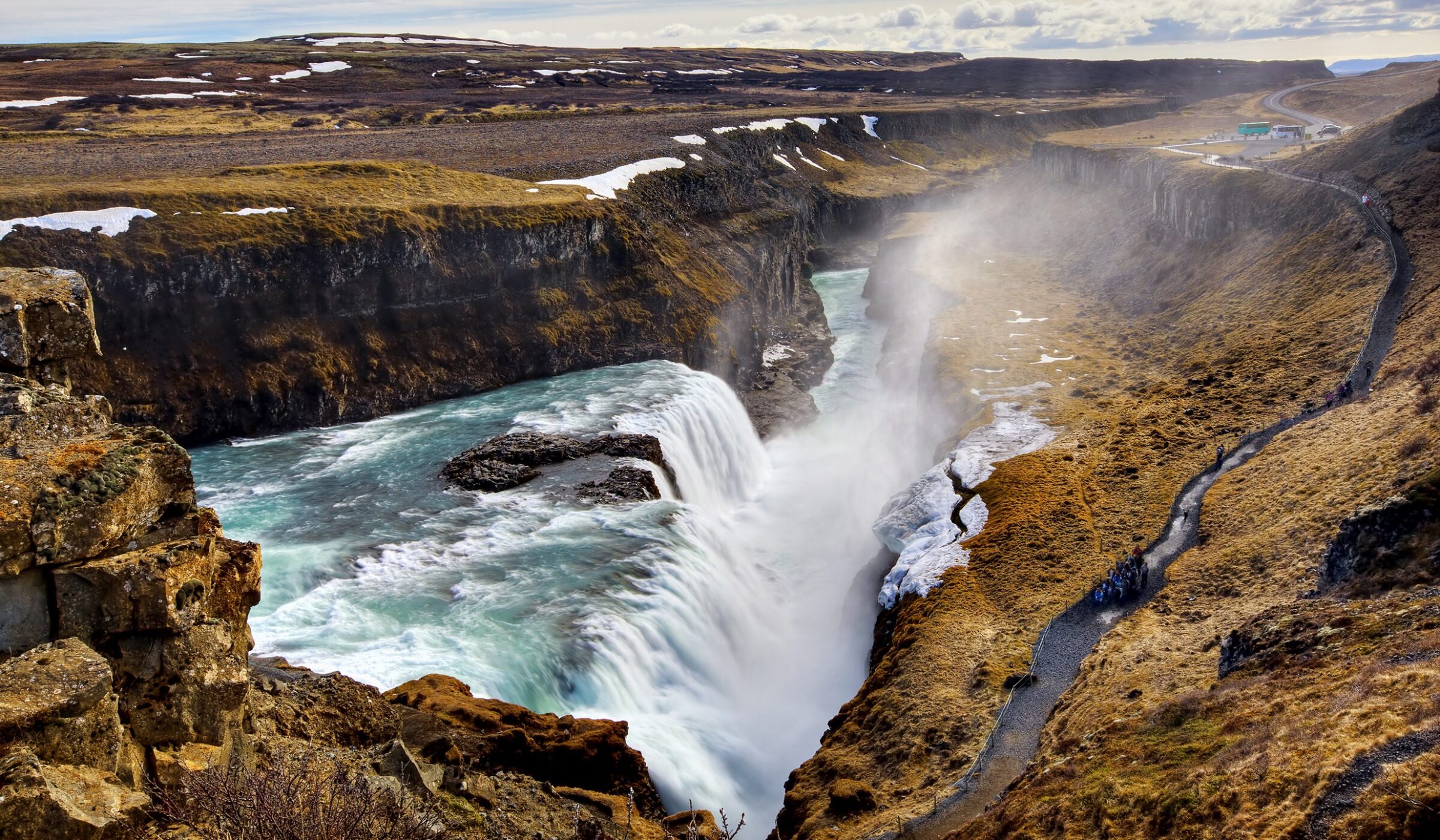 The cascading glacial water of Gullfoss Waterfall, Golden Circle, Iceland
