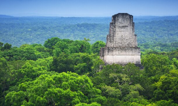 The lush green canopy with ancient Mayan ruins raising from the trees in Tikal, Guatemala