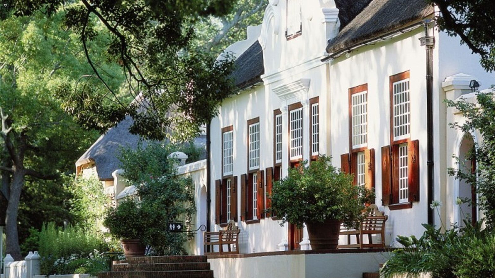Traditional Cape Dutch architecture building with white walls on luxury honeymoon grand tours africa.