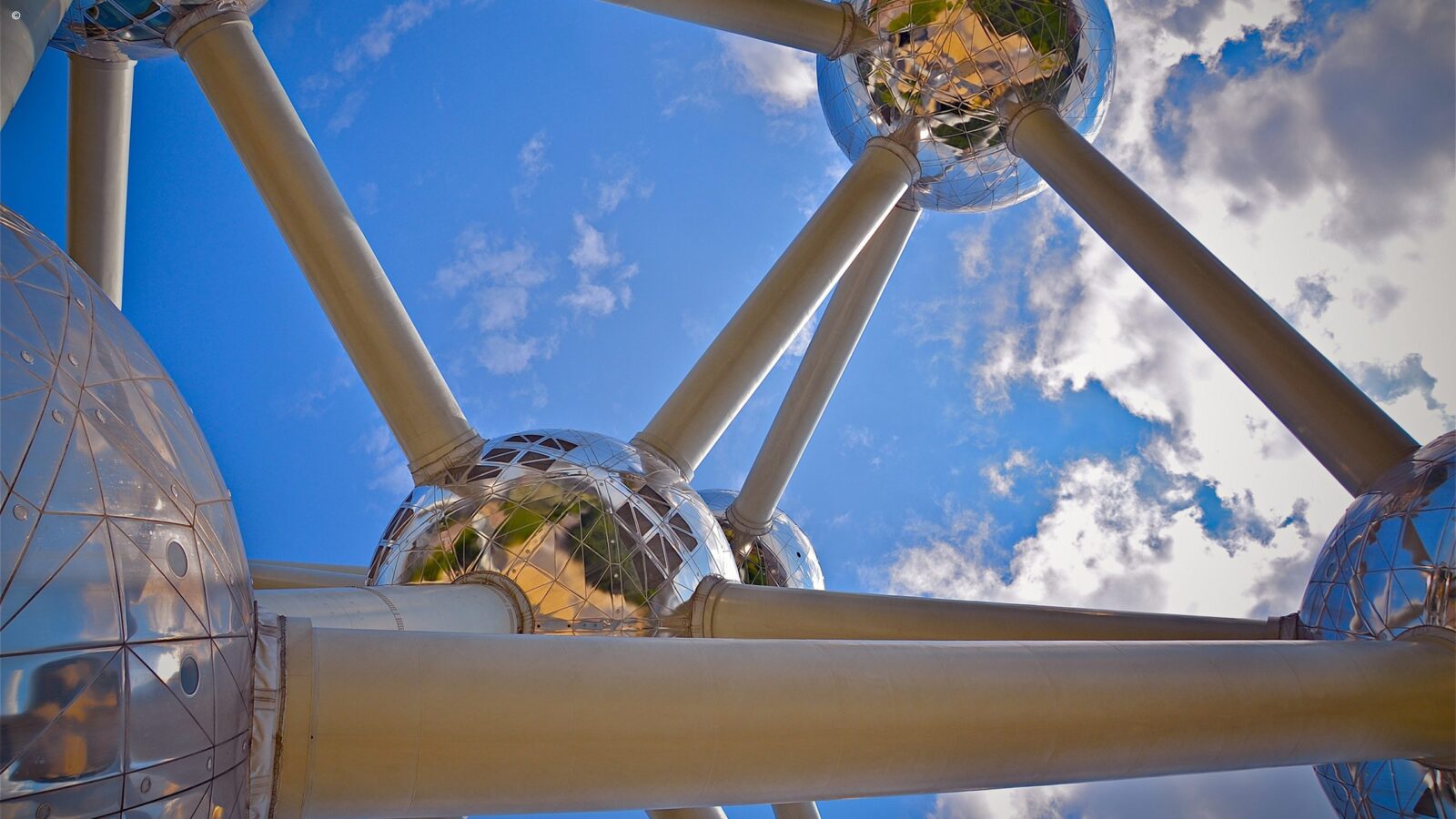 Close up of modern atom-shaped silver building in Belgium