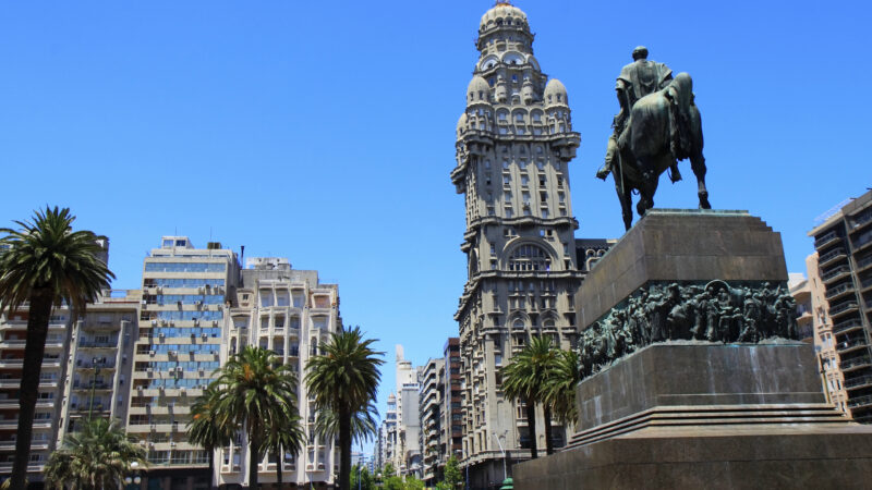 View from behind a large equestrian monument in a city square with palm trees and a historic skyscraper.