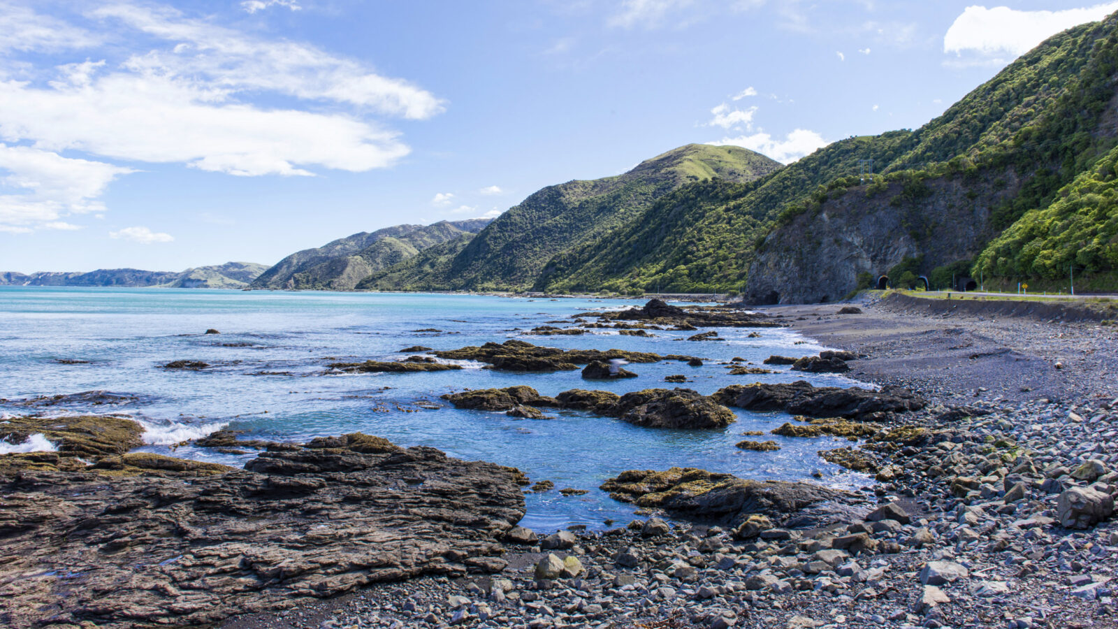 Rugged shoreline meet steep green hills along the rocky Kaikoura coastline, New Zealand.