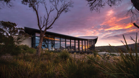 Exterior view of Saffire Freycinet, Tasmania, Australia at sunrise