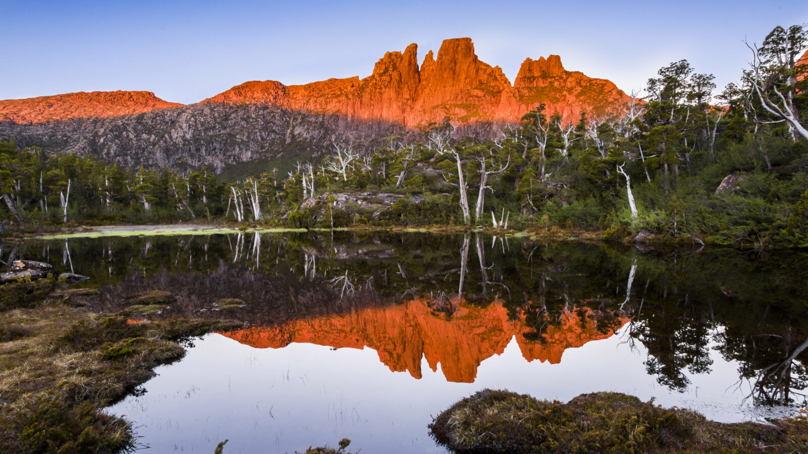 Pool of Memories. Sunset over mt Acropolis, in the Cradle Mountain Lake St Clair national Park, Tasmania, Australia