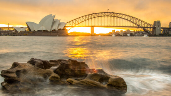 Sunset at Opera house and Harbour bridge, Sydney, Australia.