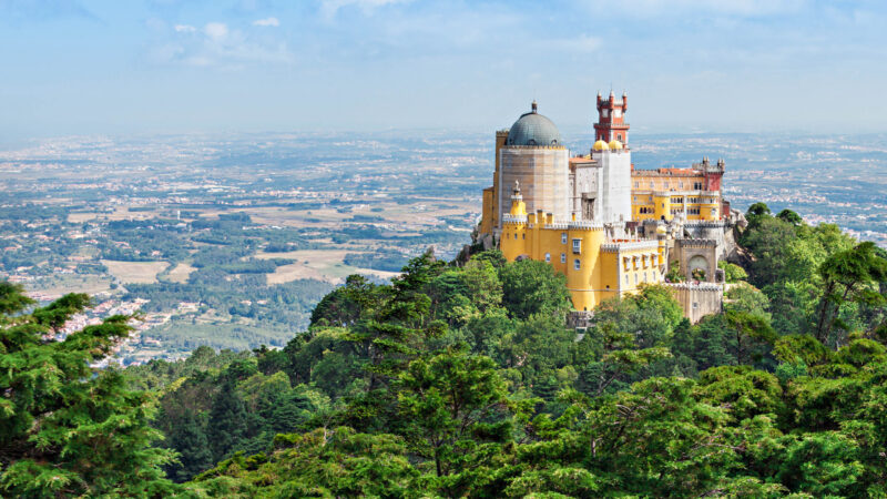 The Pena National Palace is a Romanticist palace in Sao Pedro de Penaferrim, Sintra, Portugal
