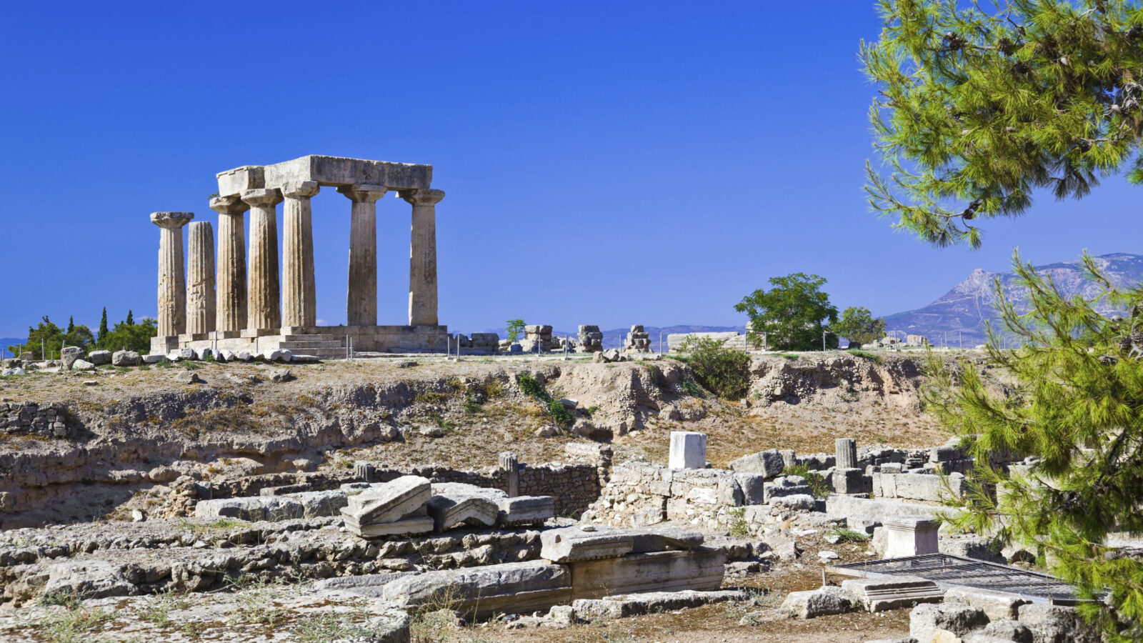 Ruins of temple in Corinth, Greece - archaeology background