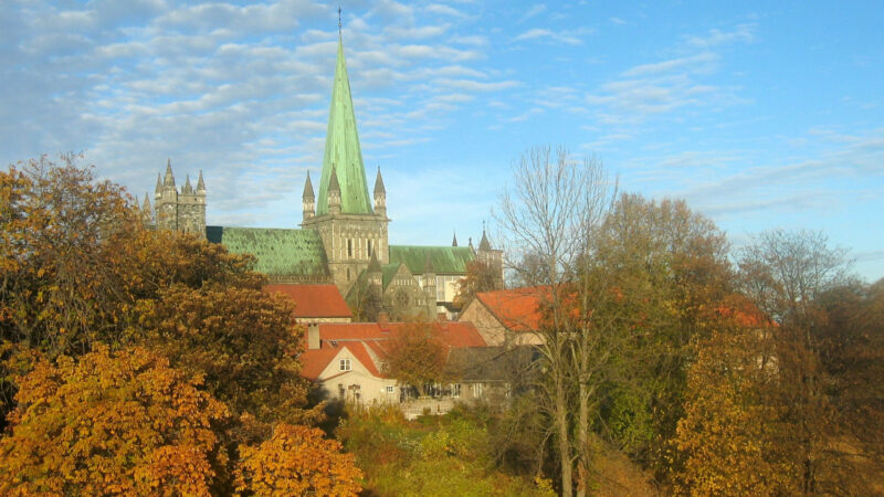A tall green church spire and stone building visible behind a dense layer of colorful autumn trees.
