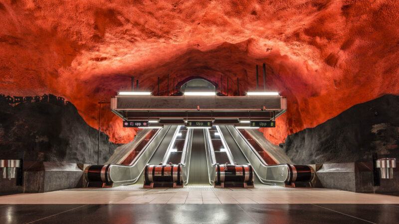 Escalators at Solna Centrum Metro Station in Stockholm, Sweden