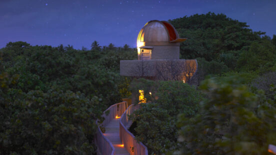 Small observatory tower and a wooden bridge with orange lights nestled in a thick green forest at dusk.