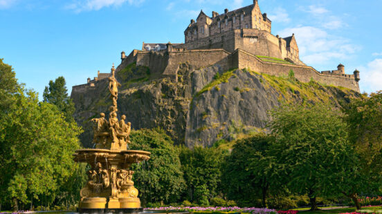 Edinburgh Castle, Scotland, from Princes Street Gardens, with Ross Fountain